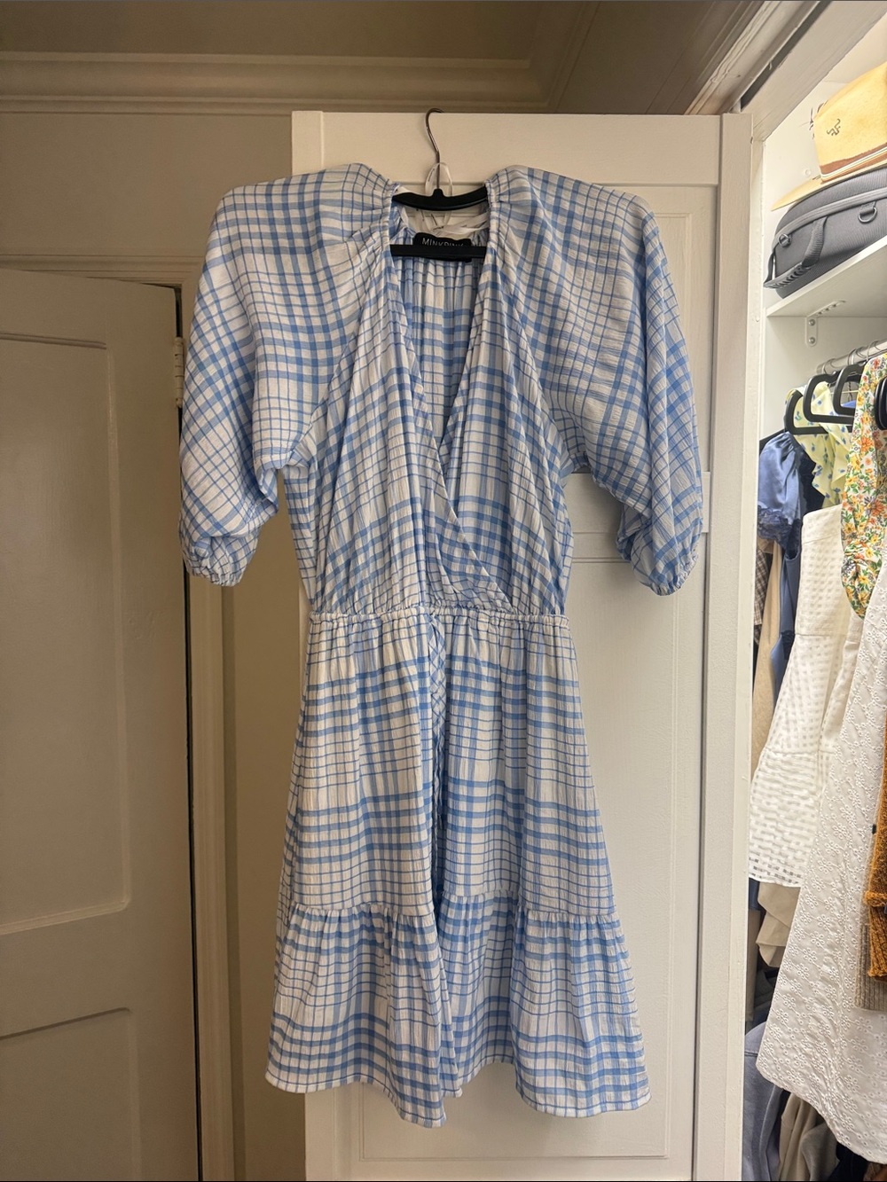 MINKPINK Blue and White Checked Tiered Mini Dress